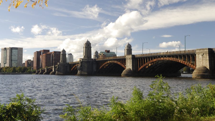 The Longfellow Bridge connects Beacon Hill, Boston to Kendall Square, Cambridge across Charles River.  The bridge is open since 1906 and currently carries traffic and the red subway line Longfellow Bridge photo by Ed Uthman via Flickr/Creative Commons