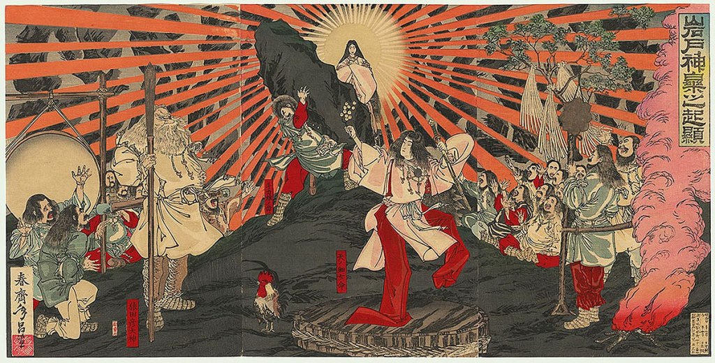 The Japanese Sun Goddess Amaterasu emerging from a cave. 19th century. Shunsai Toshimasa, Public domain, via Wikimedia Commons